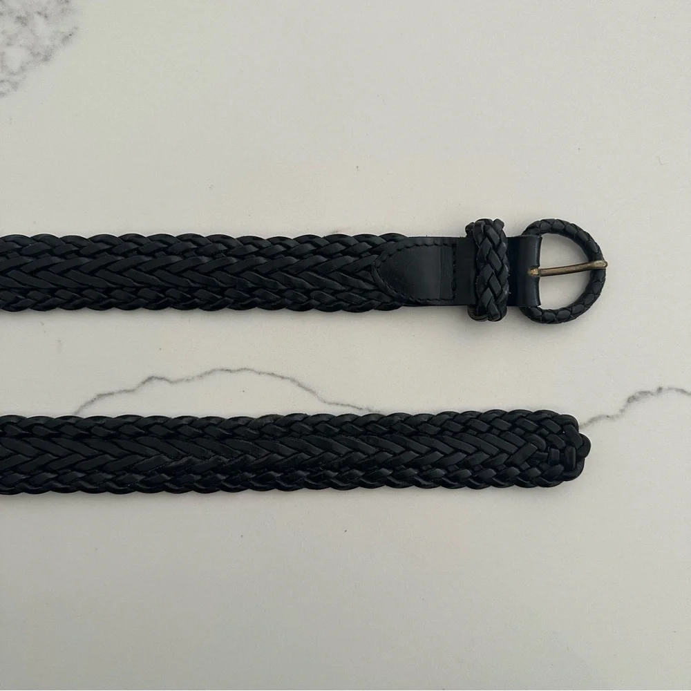 Vintage Cole Haan Braided Leather Belt with Round Covered Buckle Black 28 / S